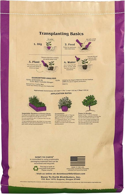 Down To Earth All Natural Fertilizers Organic Feather Meal - Slow Release Nitrogen Plant Food for Green Growth 12-0-0, 20 lb