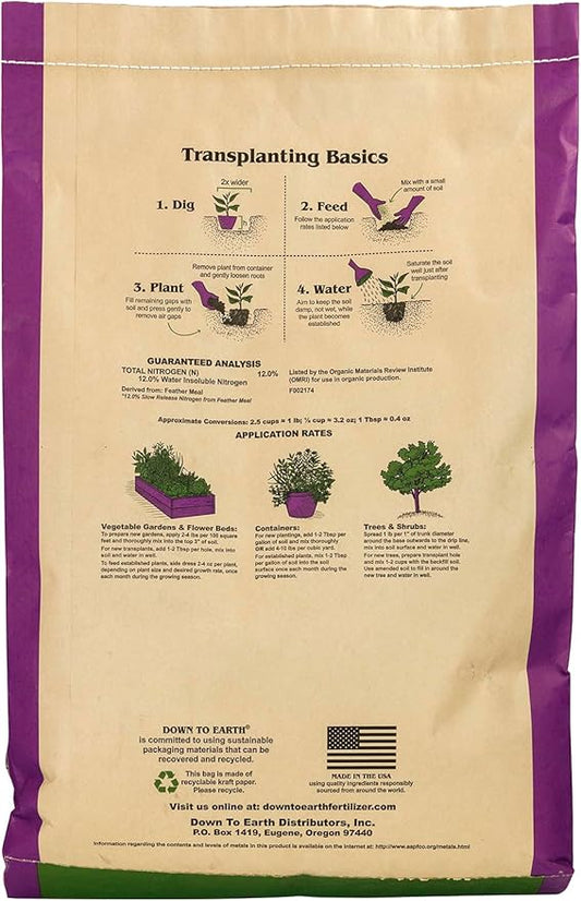 Down To Earth All Natural Fertilizers Organic Feather Meal - Slow Release Nitrogen Plant Food for Green Growth 12-0-0, 20 lb