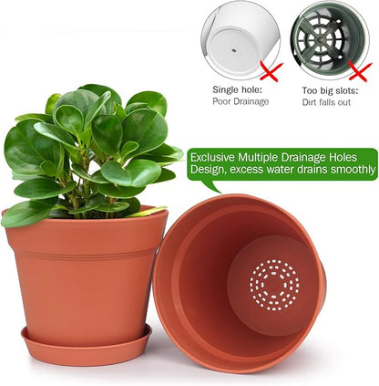 homenote Pots for Plants, 15 Pack 6 Inch Plastic Planters with Multiple Drainage Holes and Tray - Plant Pots for All Home Garden Flowers Succulents