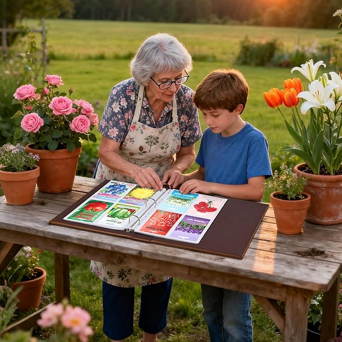 A4 3 Ring Binder Garden Seeds Storage Album with 30 Pcs 3.5x5” Seed Packet Sleeves, PU Leather Hardcover Organization Book for Seed Packet，Photo, Index Card，240 Top Loading Pockets Capacity