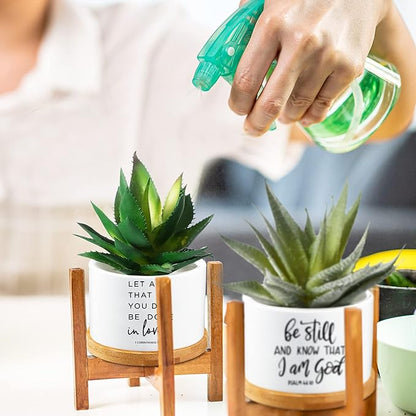 Fumete 24 Set White Bible Verse Succulent Pots with Drainage 3.15" Mini Ceramic Flower Planter Pot with Bamboo Tray Small Plant Pots Christian for Friends Family, Plants Not Included