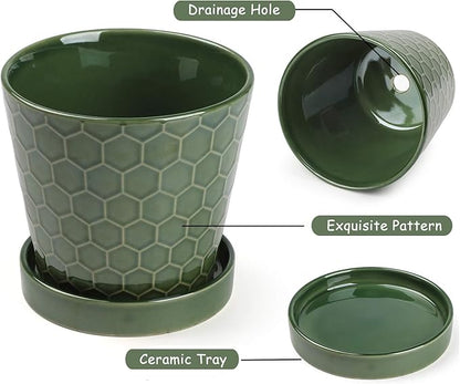 Ceramic Plant Pots,4+5+6 Inch Pots for Indoor Plants,Planters with Drainage Holes and Ceramic Tray, Indoor Flower Pots Gardening Home Desktop Office Windowsill Decoration Gift,Set of 3 (Patina)