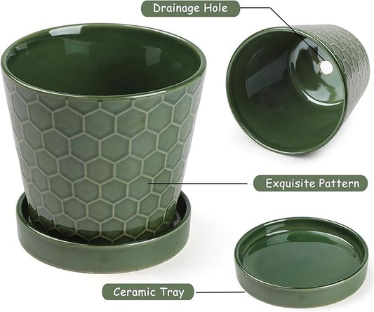 Ceramic Plant Pots,4+5+6 Inch Pots for Indoor Plants,Planters with Drainage Holes and Ceramic Tray, Indoor Flower Pots Gardening Home Desktop Office Windowsill Decoration Gift,Set of 3 (Patina)