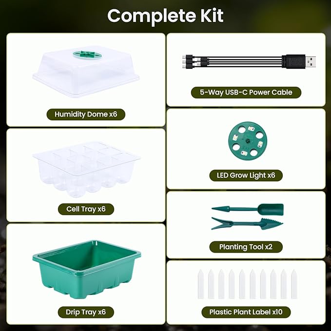 5 Pack Seed Starter Kit with Grow Lights & 3.9" Humidity Domes, 72 Cells Indoor Germination Trays, Full Spectrum Adjustable LED, Reusable Plant Starter System for Year-Round Gardening