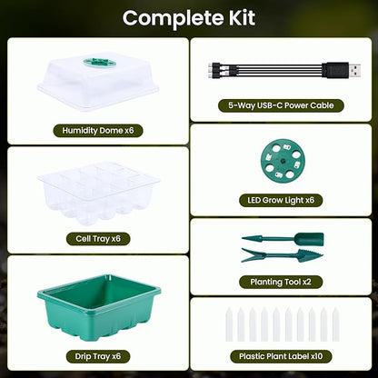 5 Pack Seed Starter Kit with Grow Lights & 3.9" Humidity Domes, 72 Cells Indoor Germination Trays, Full Spectrum Adjustable LED, Reusable Plant Starter System for Year-Round Gardening