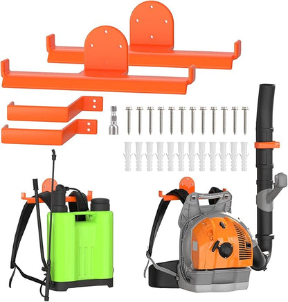 2 Pack Backpack Blower Rack, Heavy Duty Anti-Scratch Leaf Blower Hanger with Hose Holder, Backpack Sprayer Wall Mount for Garage, Warehouse & Outdoor Tool Storage