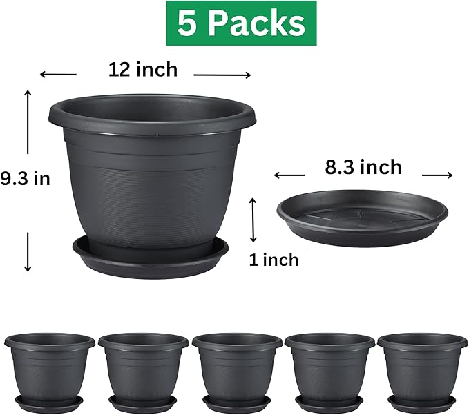 5 Packs 12 inch Flower Pots + Saucer, Planters for Indoor & Outdoor Plants with Drainage Holes | Plastic Flower Pots, Large Planter (Black, 12 inch)