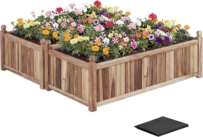Giantex Acacia Wood Raised Garden Beds Set of 2, 44"x23"x16" Rectangular Planter Box w/Black Liner for Vegetable Flower Herb Fruit, Easy Assembly, Outdoor Planting Bed for Backyard, Garden, Lawn