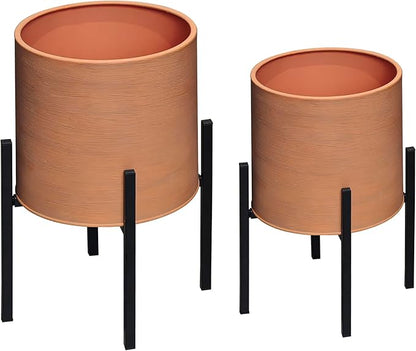 ARNIS Modern Plant Pots, Set of 2 Large Planters with Stand, Decorative Planters, Metal Pots with Drainage Holes for Living Room, Office, Garden or Balcony, 8.25 &10.5 Inch, Terracotta