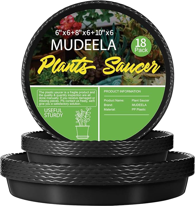 MUDEELA 18 Pack Plant Saucers for Indoor & Outdoor of 6 Inch & 8 Inch & 10 Inch, Durable Plastic Round Plant Tray Dish Plate to Catch Water for Plant & Flower Pot, No Hole, Thicker, Deeper, Black