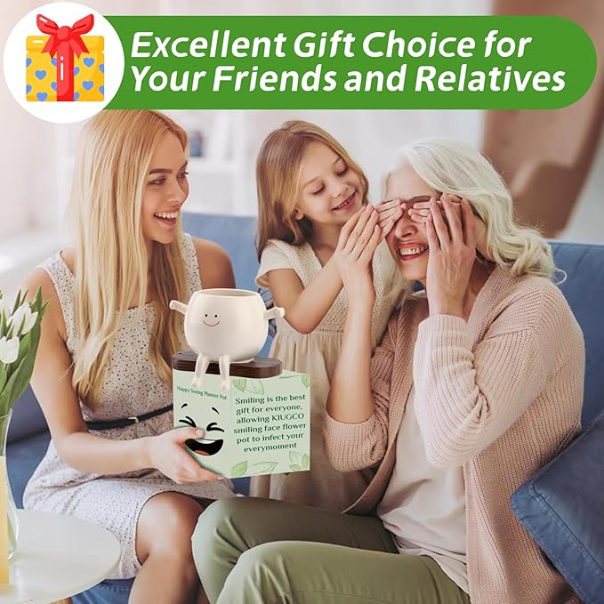 Large Glossy Swing Smiley Face Planter Pot Head, Hanging Planter for Indoor Outdoor Plants, Cute Hanging Flower Pot for String of Pearls Plant Live, Birthday Gifts(Garden, Large)