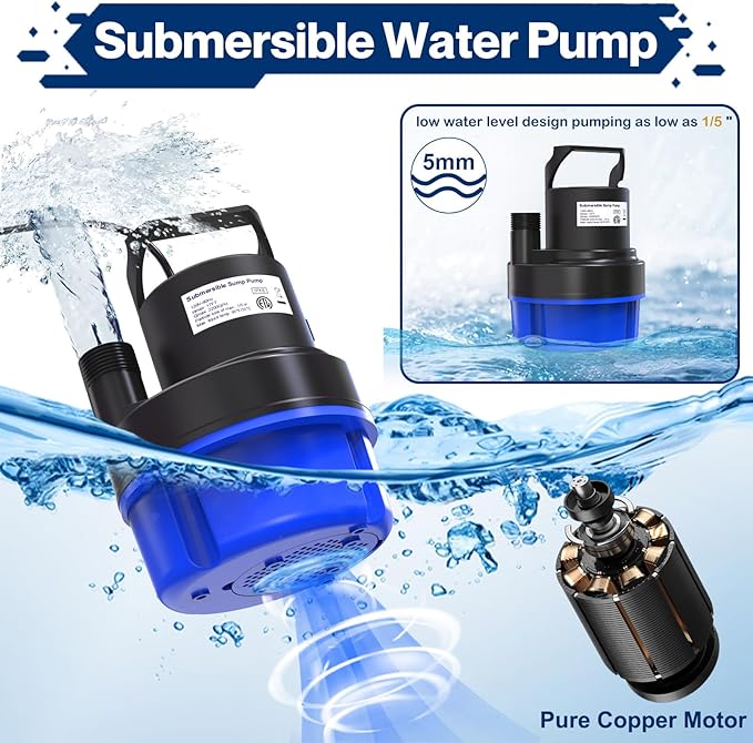 AgiiMan 1/2HP Submersible Water Pump, 2200GPH Portable Sump Pump for Pool Draining, Pool Cover Pump with 25FT Power Cord for Basements, Pool, Fountains, Hot Tub, Garden, SkyBlue