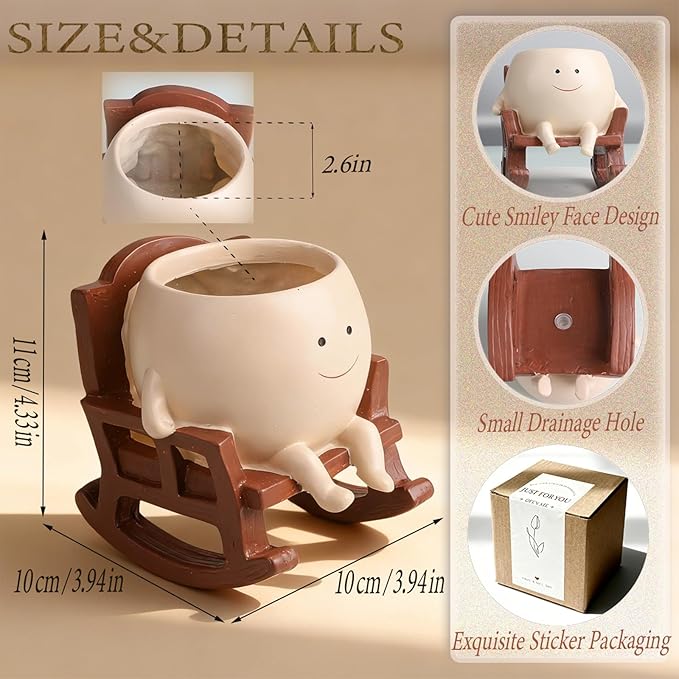 4 Inch Rocking Chair Smiley Face Planter Pots with Drainage Hole, Resin Flower Pot for Succulents, Cute Plant Pot Indoor Outdoor, Perfect for Spring Decor, Unique for Plant Lovers
