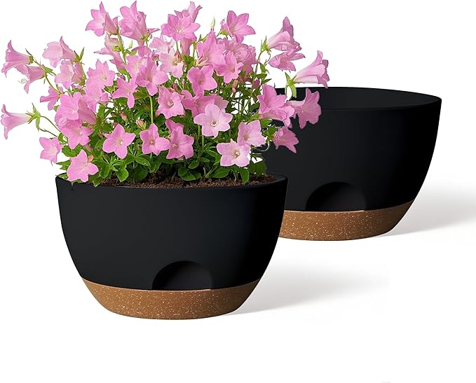 12 Inch Large Self Watering Pots, 2 Pack Plant Pots with Drainage Holes and Saucers, Self Watering Planter for Indoor Outdoor Garden Plants and Flowers (Black)