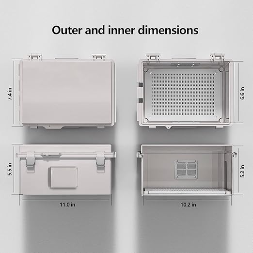 ABS Electrical Junction Box, Ventilated Design, Cable Grommets, IP65 Waterproof Enclosure, Indoor/Outdoor Use with Mounting Panel. (Grey Cover, 11"x7.4"x5.5")