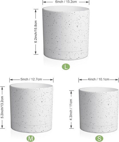 6/5/4 inch Plant Pots, 3 Pack Cylinder Flower Pots for Small Indoor Outdoor Plants, Plastic Planters with Drainage Holes and Saucers for Garden Succulent House Plants, Speckled White