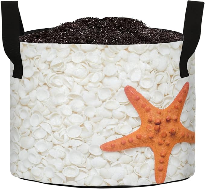 7 Gallon 3D Beautiful White Seashell Starfish Breathable Grow Bag Heavy Duty Thickened Plant Pots Containers with Handles for Tomato Potato Fruits Vegetables Flowers