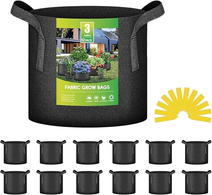 iPower 12-Pack 3 Gallon Grow Bags Heavy Duty Thickened Aeration Nonwoven Fabric Pots with Nylon Handles, for Planting Vegetables, Fruits, Flowers, Black