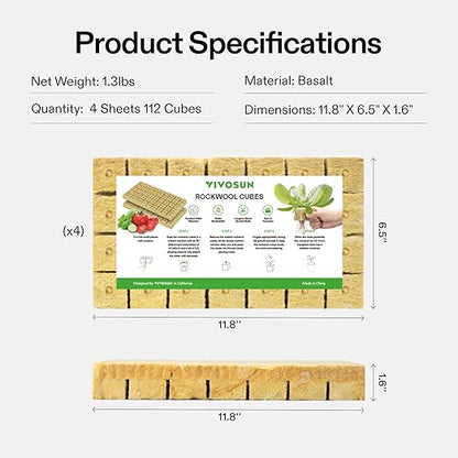 VIVOSUN 1.6" Rockwool Cubes, 112 Plugs Stonewool Starter Grow Cubes for Cuttings, Cloning, Plant Propagation, Seed Starting, Hydroponic Grow Media for Vigorous Plant Growth, 4 Sheets of 112 Plugs