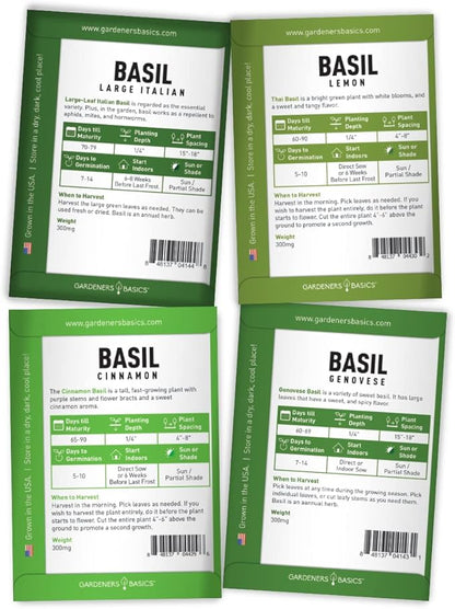 Gardeners Basics, Basil Seeds for Planting Home Garden - 8 Variety Herb Pack Genovese, Large Leaf, Lemon, Thai, Red Rubin, Cinnamon, Sweet and Purple Opal Basil Herb Seeds for Indoors & Outdoors