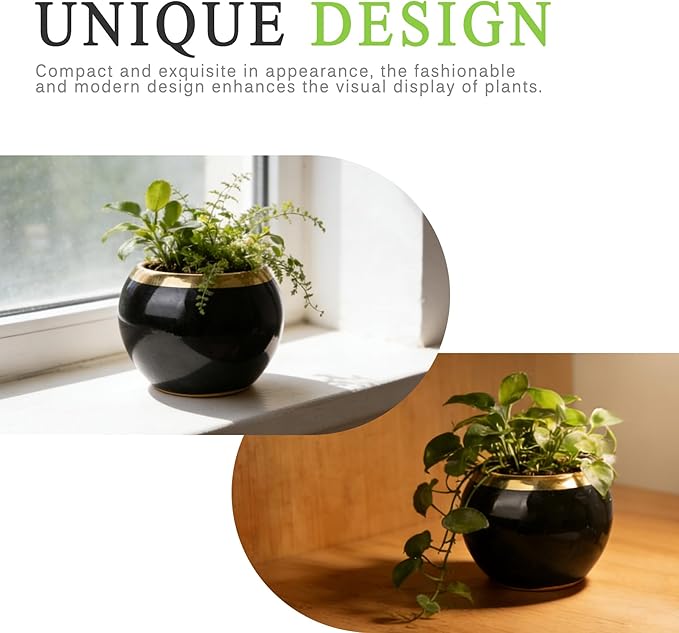 Black Gold Spherical Ceramic Plant Pots Succulent Small Planter Indoor Modern Decorative Indoor-Outdoor Garden Plant Pots with Drainage Holes - Plants Not Included 3.94 x 3.94 x 3.15 Inch