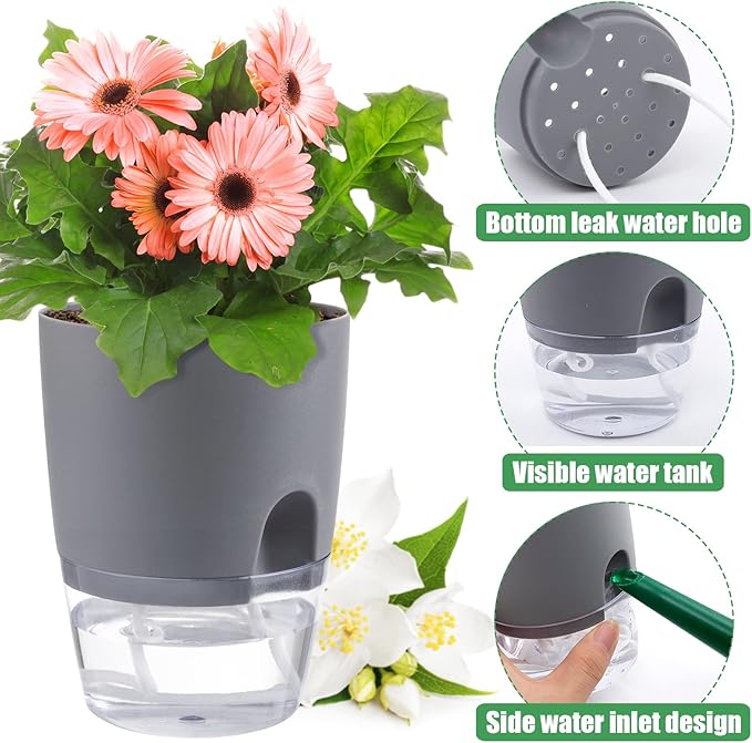 Aulock 6 pcs Self Watering Plant Pots - 4.1/3.2 in Plastic Planter with Drainage Holes, Flower Pots for African Violet, Mini Indoor Plants, Succulents, Herbs, Cactus, Basil, Grey
