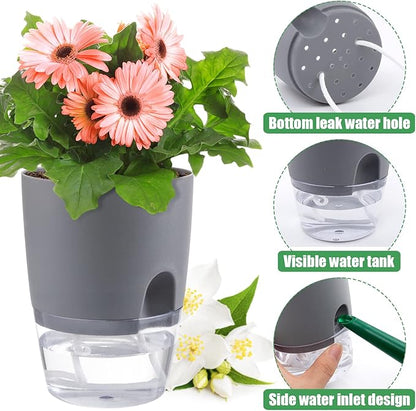 Aulock 6 pcs Self Watering Plant Pots - 4.1/3.2 in Plastic Planter with Drainage Holes, Flower Pots for African Violet, Mini Indoor Plants, Succulents, Herbs, Cactus, Basil, Grey