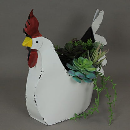 Zeckos Rustic White Finish Metal Rooster Planter - Indoor/Outdoor Decorative Flower Pot for Home and Garden - 15.5 Inches Long - Farmhouse Style Accent Piece