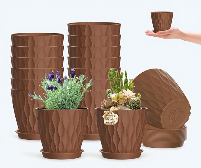 16 Pack 4 Inch Plastic Planter Pots with Tray, Heavy Duty Indoor Outdoor Planter Pots with 48 Drainage Holes for Herbs, Succulents, Seedlings, Flowers Durable and Lightweight Pottery red