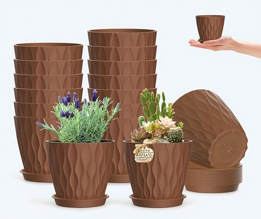 16 Pack 4 Inch Plastic Planter Pots with Tray, Heavy Duty Indoor Outdoor Planter Pots with 48 Drainage Holes for Herbs, Succulents, Seedlings, Flowers Durable and Lightweight Pottery red