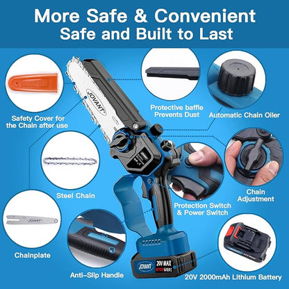 6 Inch Cordless Chainsaw Battery Powered Hand-held Lightweight Tree Branches and Wood Pruning Power Tools, Portable Mini Chain saw for home, garden and outdoor use with 2 * 4000mAh Batteries