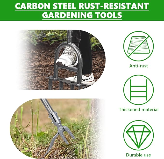 2-in-1 Lawn Aerator Tool - Adjustable Height with 4 Hollow Aeration Tines, High-Strength Anti-Rust Carbon Steel, Foot-Operated Weed Puller & Lawn Aerator for Garden Lawn Care & Compacted Soil Aeration