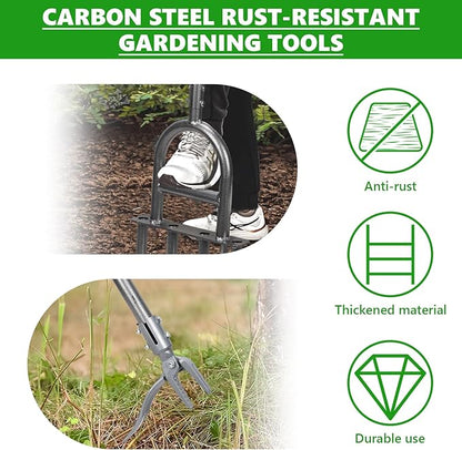 2-in-1 Lawn Aerator Tool - Adjustable Height with 4 Hollow Aeration Tines, High-Strength Anti-Rust Carbon Steel, Foot-Operated Weed Puller & Lawn Aerator for Garden Lawn Care & Compacted Soil Aeration