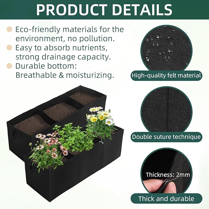 2 Pack Plant Grow Bags, 3 Divided Grids Fabric Raised Planting Bed Rectangle Raised Vegetable Planter Garden Planting Grow Pot Outdoor Planter Box for Vegetables, Flowers, Plants (Black, 120x40x40cm)