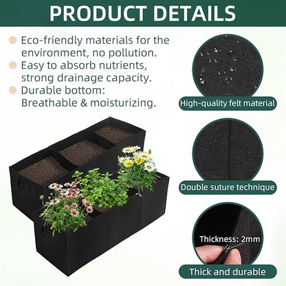 2 Pack Plant Grow Bags, 3 Divided Grids Fabric Raised Planting Bed Rectangle Raised Vegetable Planter Garden Planting Grow Pot Outdoor Planter Box for Vegetables, Flowers, Plants (Black, 120x40x40cm)