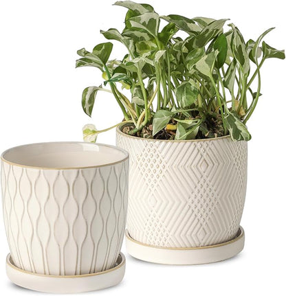 Nihow Ceramic Plant Pots - 4.75 Inch Planters for Indoor Plants,Embossed Flower Pots with Drainage Hole & Saucer,Small Pots for Succulent,Cactus,Little Snake,Set of 2,White -3