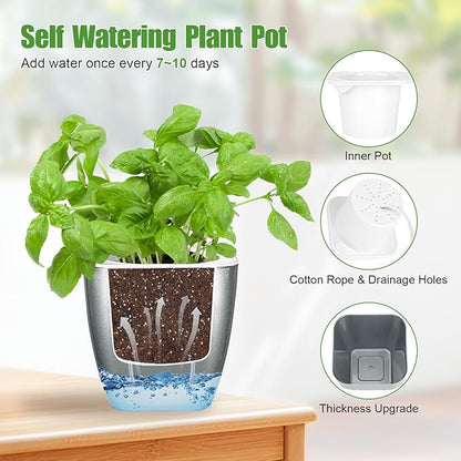 8 Pack 4-inch Plant Pots Indoor Garden Decorative Flower pots Small Self-Watering Planters for Small Plants WindowSill Planters for Succulents, African Violets, Herbs(Sliver Black)