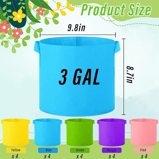20 Pack 3 Gallon Grow Bags Multicolor Plant Grow Bag Non Woven Fabric Pots with Handles Garden Plant Seeds Tomato Vegetables Flowers Planting Bags for Indoor or Outdoor Gardening