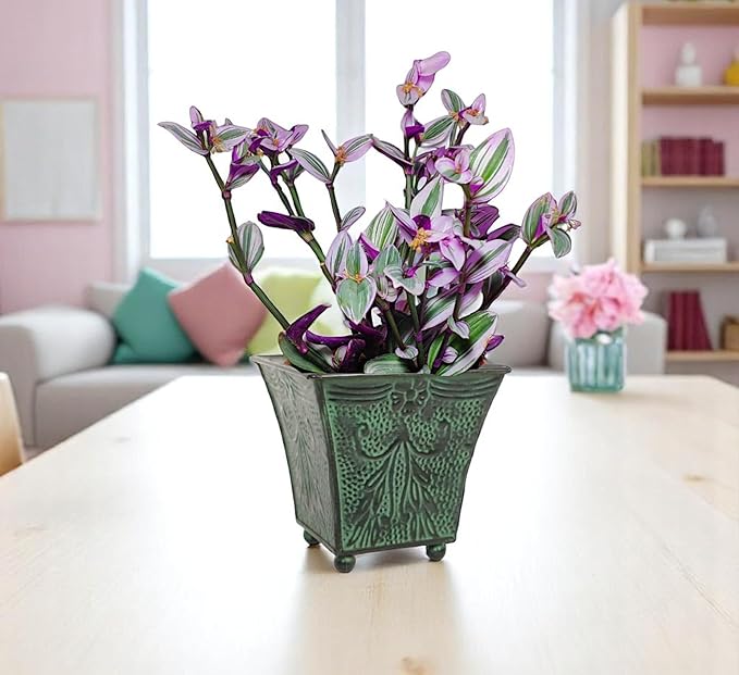Hosley Set of 4 Green Patina Embossed Metal Planters with Ornate Floral Design, 5.25" L x 5.25" W x 5" H – Ideal for Floral Arrangements, Home Décor, Garden Accents, Rustic Weddings.