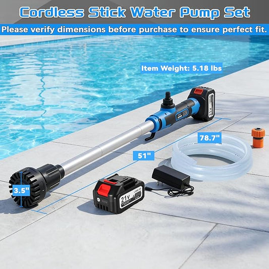Cordless Stick Water Transfer Pump, with 2×4000mAh Batteries&Charger, 3/4" Outlet 78.7'' Hose, 770GPH 21V Handheld Water Transfer Pump for Pool/Garden/Pond/Boat/RV/Rain Barrels/Outdoor Draining