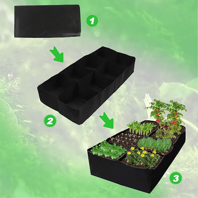 Longzhuo Grow Bags, 1 Pack Rectangular (6x3x1 Ft) 8 Grids - Breathable Reusable Planting Bags, Fabric Garden Bed for Growing Herbs, Flowers, Vegetables, Other Plants