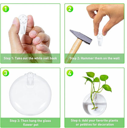 6 PCS Glass Wall Hanging Planters for Flowers, Hydroponics, Indoor Use, Medium, Transparent, Round, Classic Style