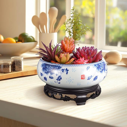 DOITOOL 7 Inch Lotus Bowl Planter Water Lily Pot with Stand Lotus Flower Bowl White Planter Hydroponic Container Bonsai Pots for Indoor Garden Decoration