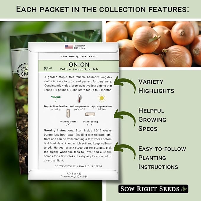 Sow Right Seeds - Onion Family Seed Collection for Planting - 6 Varieties of Chives and Onions - Hardy and Flavorful - Non-GMO Heirloom Packets with Instructions to Plant and Grow a Vegetable Garden
