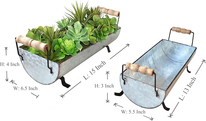 Galvanized Metal Trough Succulent Planter Farmhouse Metal Tray Rustic Tabletop Centerpiece Décor Set of 2