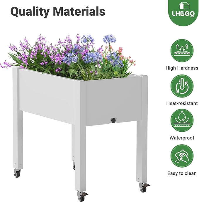Raised Garden Bed with Wheels - Outdoor Mobile Elevated Resin Planter Box with Drainage Holes for Vegetables Flower Herbs (1 Pack, White)
