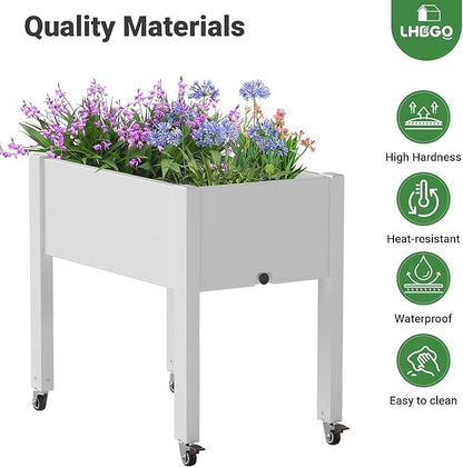 Raised Garden Bed with Wheels - Outdoor Mobile Elevated Resin Planter Box with Drainage Holes for Vegetables Flower Herbs (1 Pack, White)
