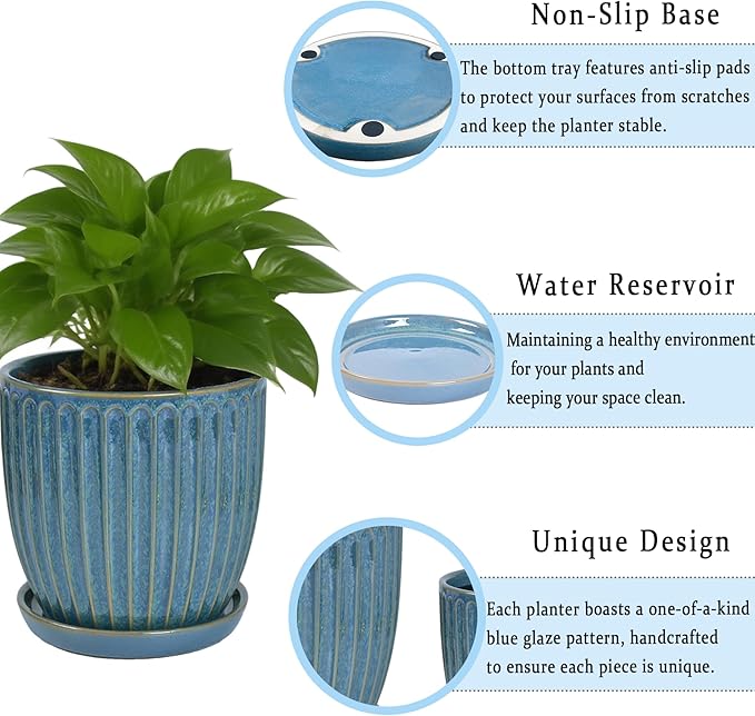 6-Inch Ceramic Plant Pots with Drainage Hole, Flower Pots Planters Pots for Indoor Plants, Flower Pots for Indoor/Outdoor Plants - Succulent, Snake Plant, Money Tree, Basil Planter, Glaze Blue