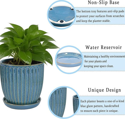 5 + 6 Inch Glaze Blue Ceramic Plant Pots with Drain Hole & Saucer, Flower Pots for Indoor/Outdoor Plants - Succulent, Snake Plant, Money Tree, Aloe Vera, Basil Planter