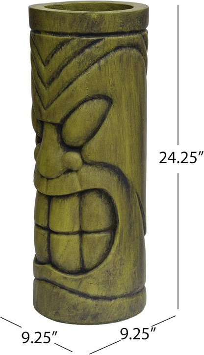 Christopher Knight Home Jorine Lightweight Concrete Planter, Cast Stone Planter, Tiki Totem Urn, Tall Plant Pot, Polynesian Garden Pot with Drainage Hole for Backyard Hall Garden, Antique Green